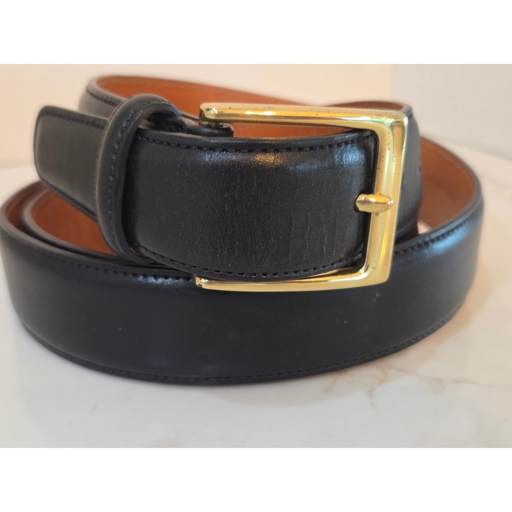 Trafalgar Belt Mens Size 38 Black Gold Buckle Cortina Hand Polished Leather USA
